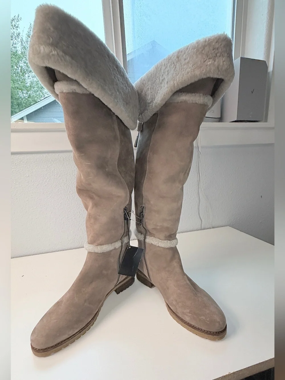 FRYE Tamara Over The Knee Shearling Boots Taupe Suede Fur Lined NWT women size 9
